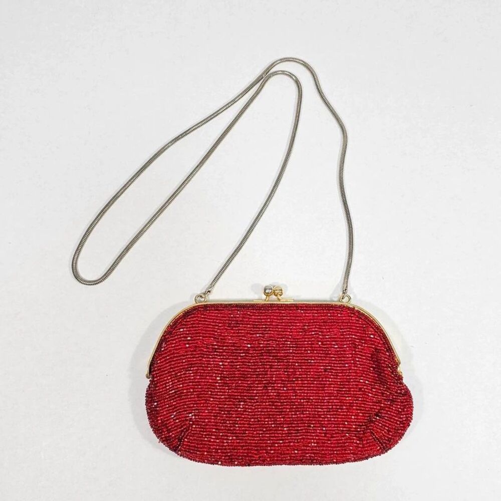 Vintage Genie Red Beaded Evening Handbag Kiss Lock Chain Strap Made Hong Kong